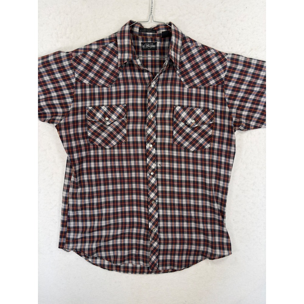 Vintage 90s La Marque Mens Western Pearl Snap Plaid Shirt Short Sleeve Large